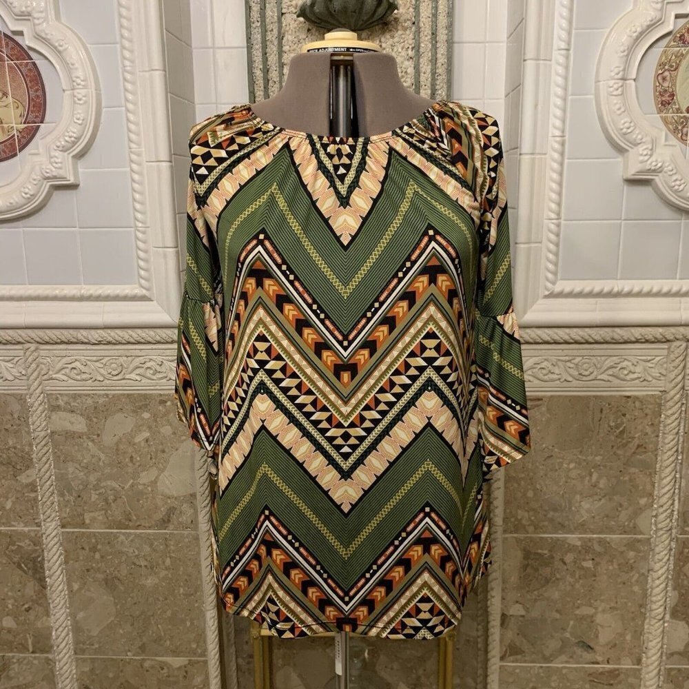 Unknown Brand. XL. Bust 41". Aztec Elastic Neck Tunic. Raglan Bell Sleeves. B8